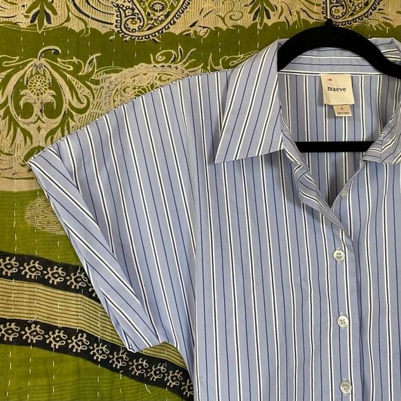 Maeve Blue/ White Striped Button Front Wrap Mini Shirt Dress Size Small - Picture 4 of 16